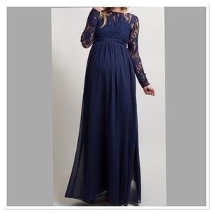 Pink blush maternity long lace navy blue dress